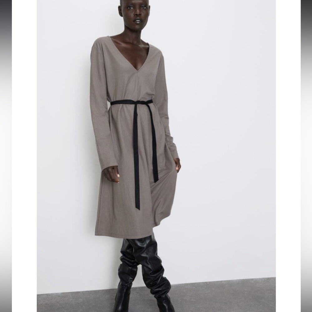 ZARA Long Sleeve Tie Dress - Dark Gray - Sz Small